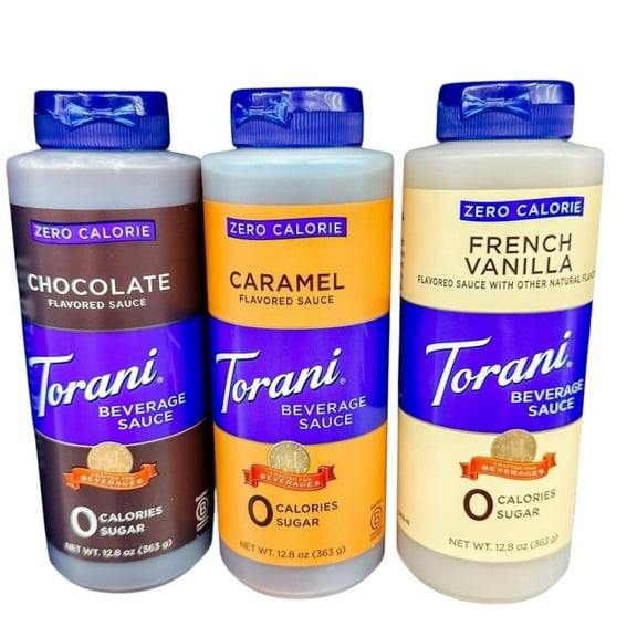 TORANI BEVERAGE SAUCE SYRUPS, VARIETY PACK , 3 BOTTLES CARAMEL , CHOCALATE, FRENCH VANILLA