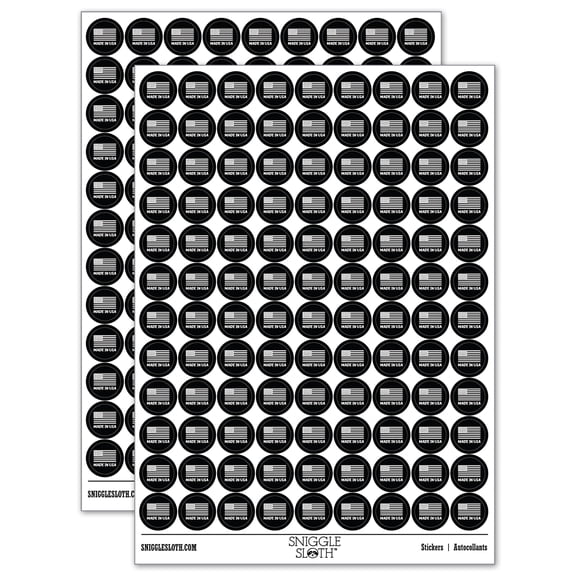 Made in USA America Flag 200 Round Stickers - Black - Gloss Finish - 0.50" Size