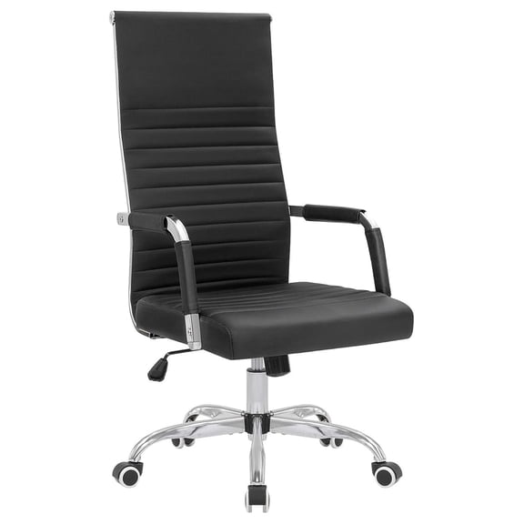 Ribbed Office Chair High Back PU Leather Desk Chair Adjustable Swivel Task Chair Computer Chair with Armrest for Conference Study Leisure (Black)