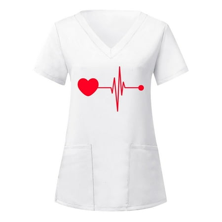 

TAIAOJING Women Scrubs Top Short Sleeve V Neck Heart Printed Top Nursed Working T Shirts Blouse With Pockets