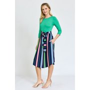 Vivid 3/4 Sleeve Multi Color Stripe Sash Midi Dress | S-3X
