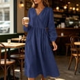 thumbnail image 4 of SETOOFF Women V Neck Wrap Midi Dress Long Elastic Cuff Sleeve Tie Waist Loose A Line Dress with Side Pockets Casual Summer Fall Beach Travel Weekend Shopping Outdoor Vacation Daily Outfits, 4 of 7