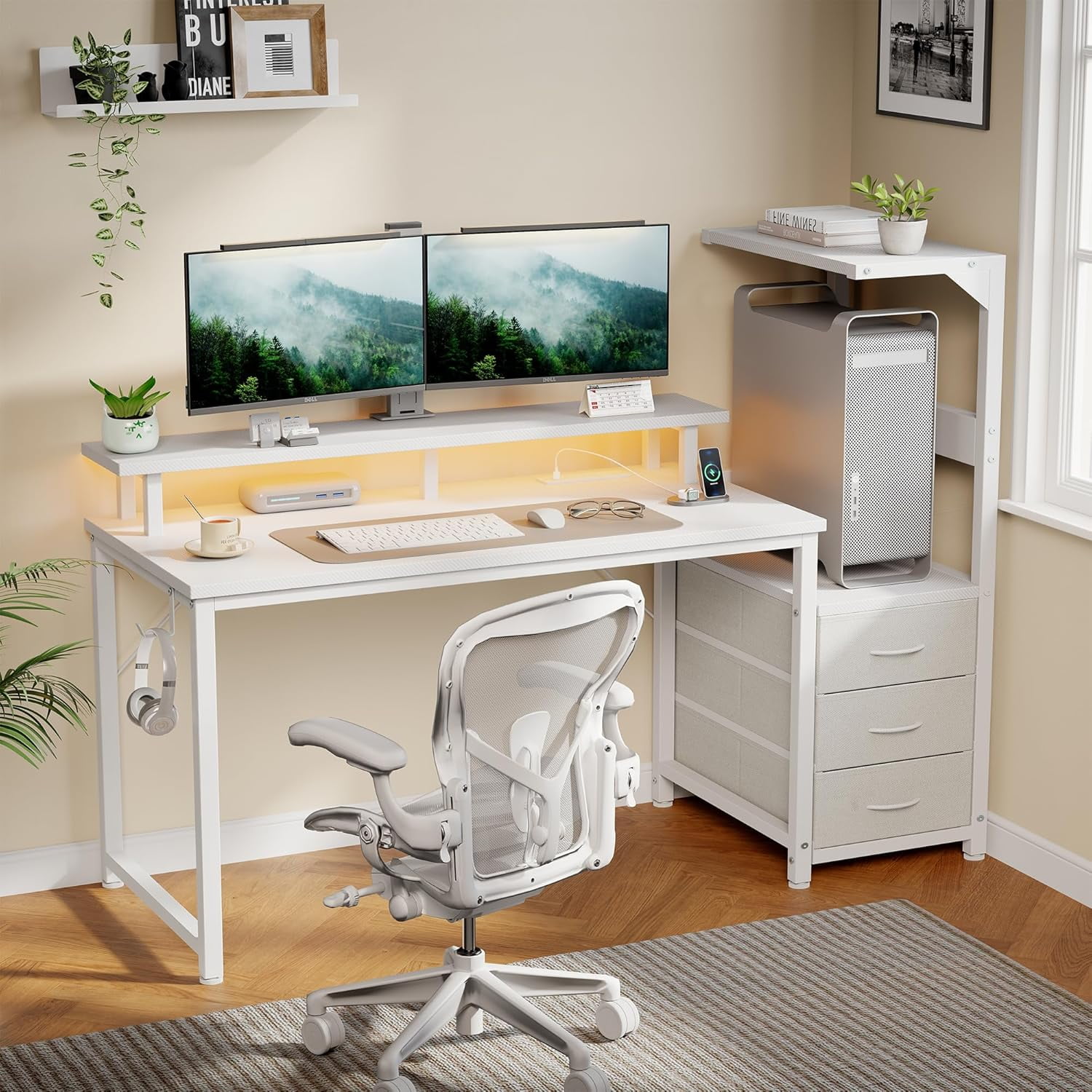 JIOABL 52" Gaming Desk with RGB LED, Built-in Charging Station, Ergonomic Monitor Stand, Storage Drawers, Reversible Shelf, for Teens & Adults, White