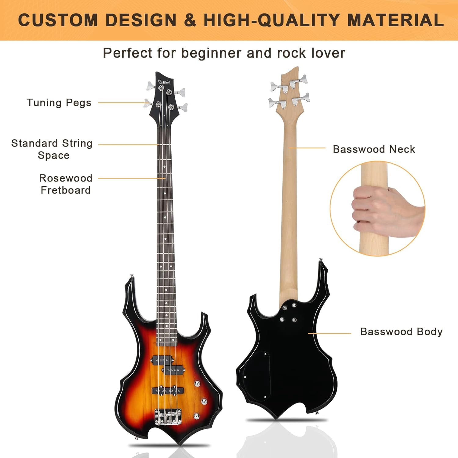 GLARRY Electric Bass Guitar 4 Strings Buring Fire Style Single Coil - Split Single Coil Pickups for Beginner Adults Right Hand w/ 20W Amp, Bag, Strap and Cord (Black)