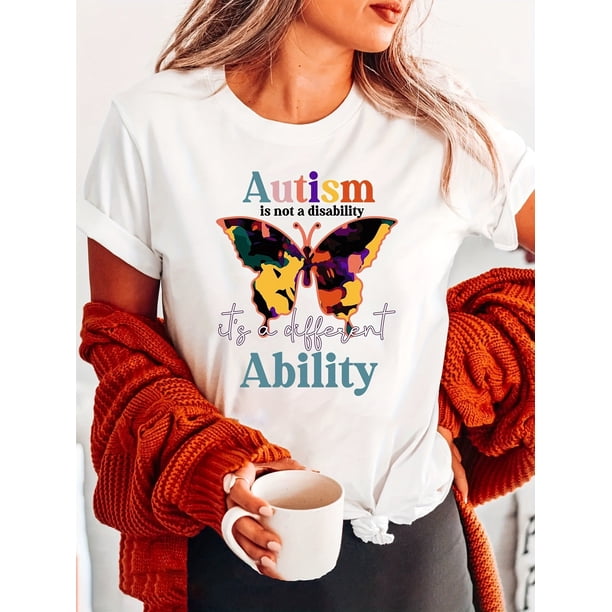 Women's Autism Awareness Butterfly Graphic Tee - Vibrant Crew Neck Short Sleeve T-Shirt with Inspirational Quote, Casual Summer & Spring Top for Women