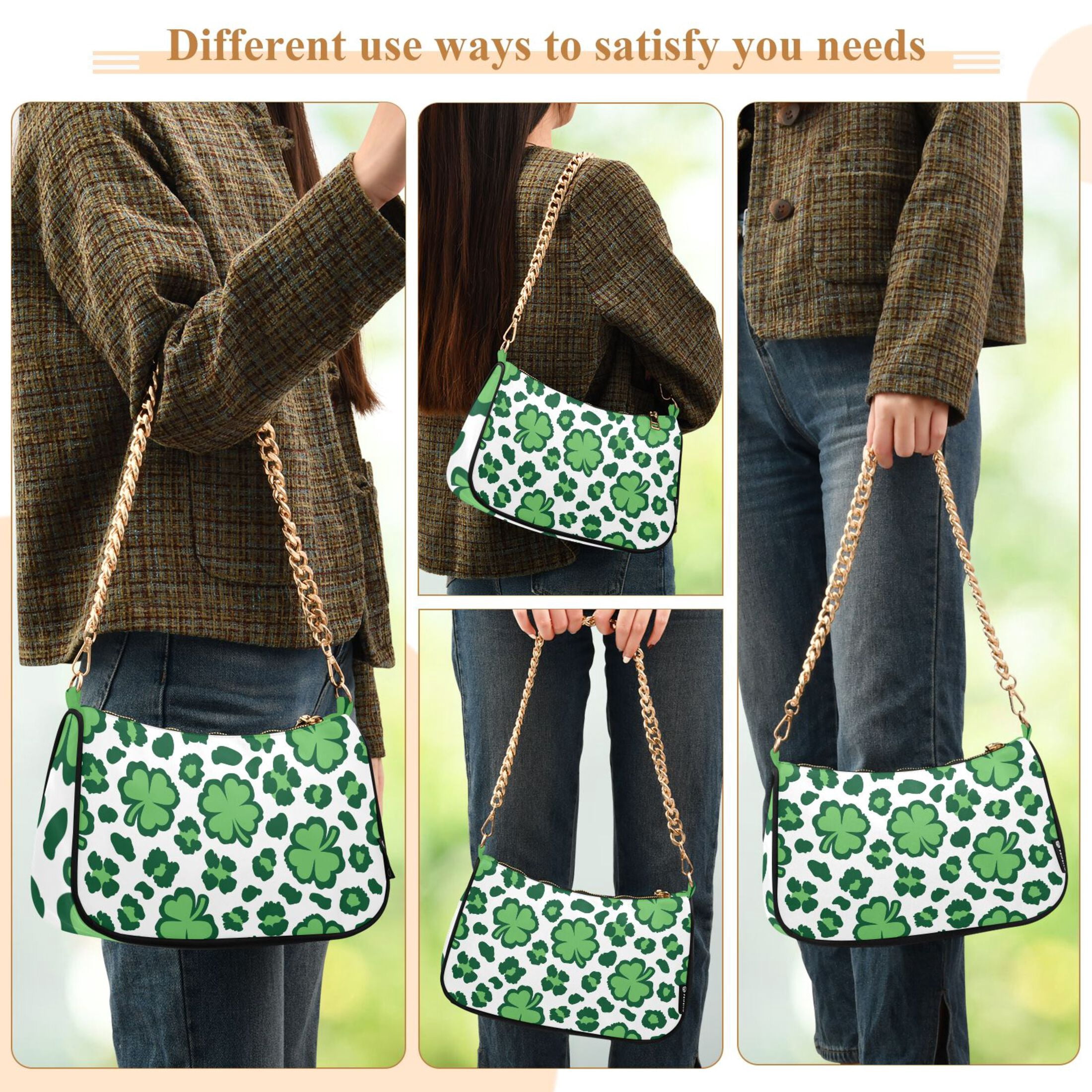 Shamrock Green Leopard Spot Womens Chain Shoulder Bag Tote Handbag Clutch Hobo Purse with Zipper for Travel Casual