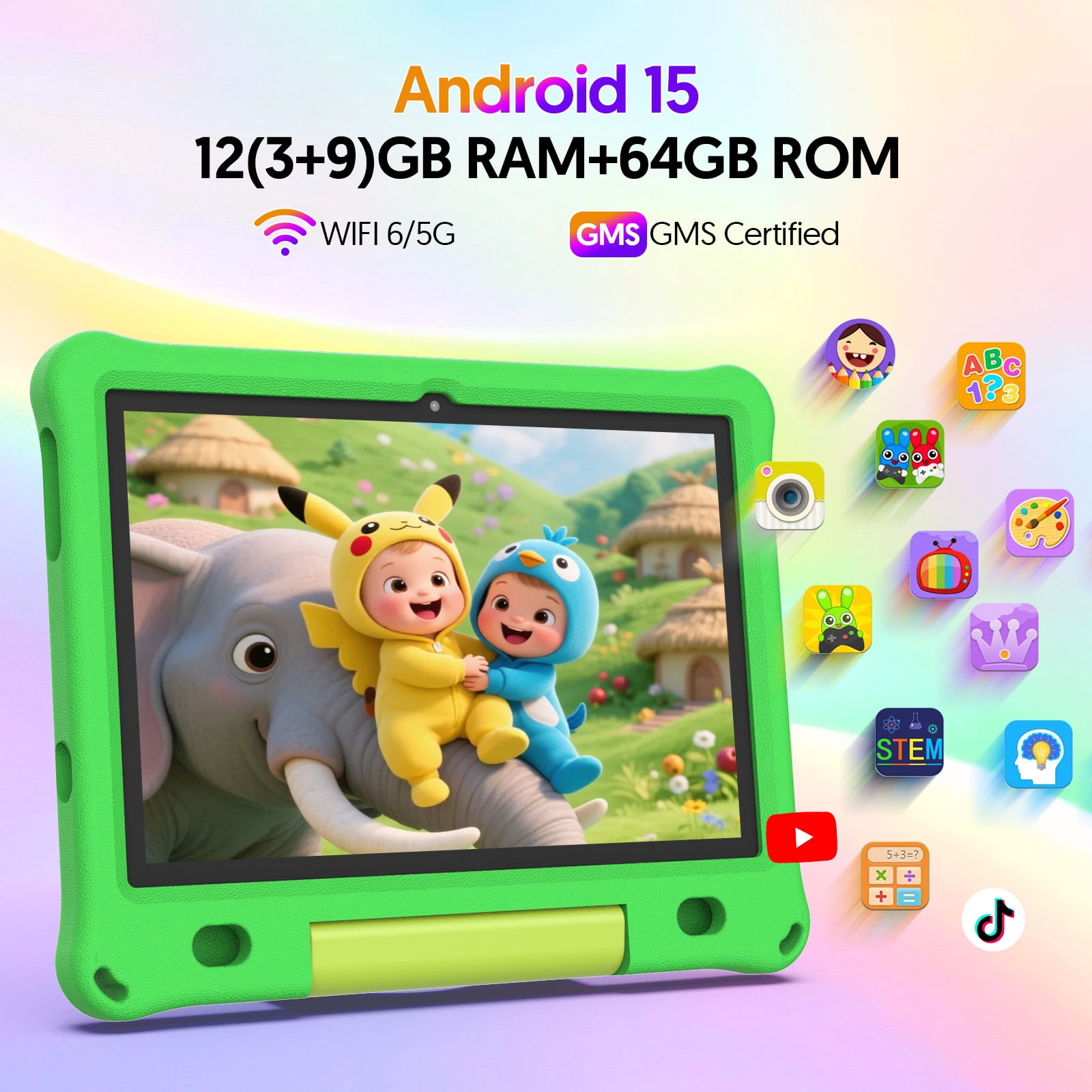 10inch Kids Tablet Android 15,1280x800 HD IPS Display Tablet with EVA Case,12GB (3g+9g) RAM+64GB Rom,Quad-Core, Wi-Fi6,6000mAh,Parental Control App Google Certified - Green