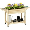 thumbnail image 2 of Outsunny Raised Garden Bed, Wood Elevated Planter Box with Lockable Wheels, Side Tables, Bottom Shelf, Bed Liner and Drainage Holes, Natural, 2 of 9
