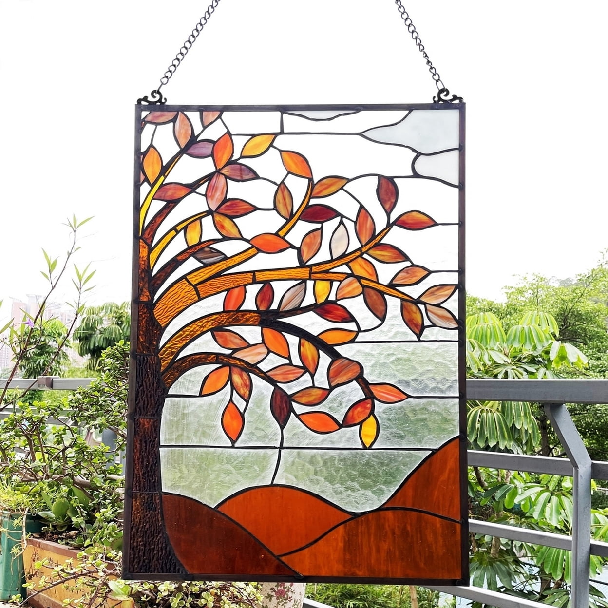 CHLOE Lighting AUTUMNAL Floral-Style Black Finish Stained Glass Window Panel 24" Tall