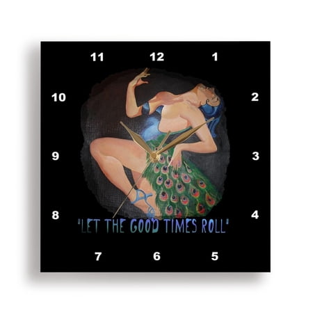 3dRose, Let The Good Times Roll Mardi Gras Greeting Woman In A Peacock Costume, 15x15 Wall Clock