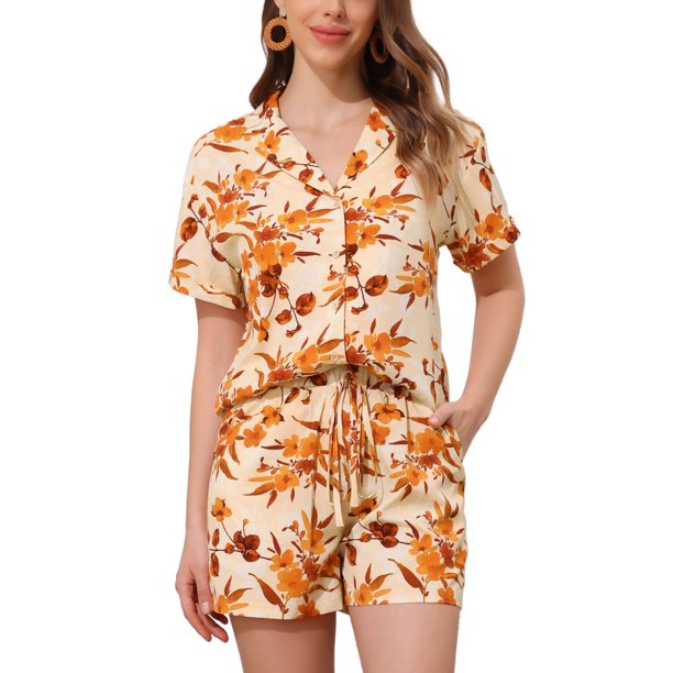 Conjuntos de Mujeres de Hawái de 2 Piezas, Camisa de Botones Floral y Pantalones Cortos, Ropa Casual de Vacaciones Tropicales en la Playa 2026 S Beige Naranja