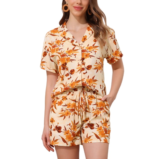 Conjuntos de Mujeres de Hawái de 2 Piezas, Camisa de Botones Floral y Pantalones Cortos, Ropa Casual de Vacaciones Tropicales en la Playa 2026 S Beige Naranja