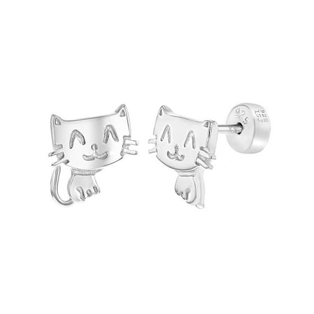 925 Sterling Silver Cat Kitten Safety Push Back Animal Earrings for Little Girls
