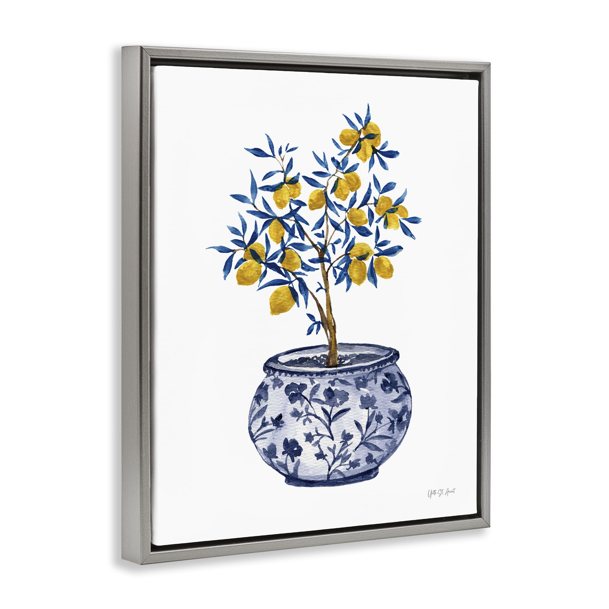 Stupell Industries Lemon Tree in Chinoiserie Food & Beverage Painting Gray Floater Framed Canvas Art Print Wall Art, 17 x 21