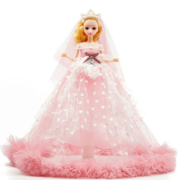 1 pieza, vestido rosa de 30cm de largo, vestido de novia, corona, princesa, muñeca, juguete para niña pequeña, caja de regalo, simulación de ojos, las articulaciones se pueden mover JAMW Sencillez