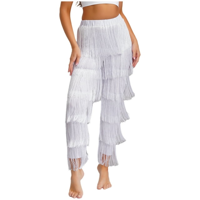 LiiYii Women's Fringe Latin Ballroom Dance Pants Salsa Tango Samba Rumba Dance Performance White M