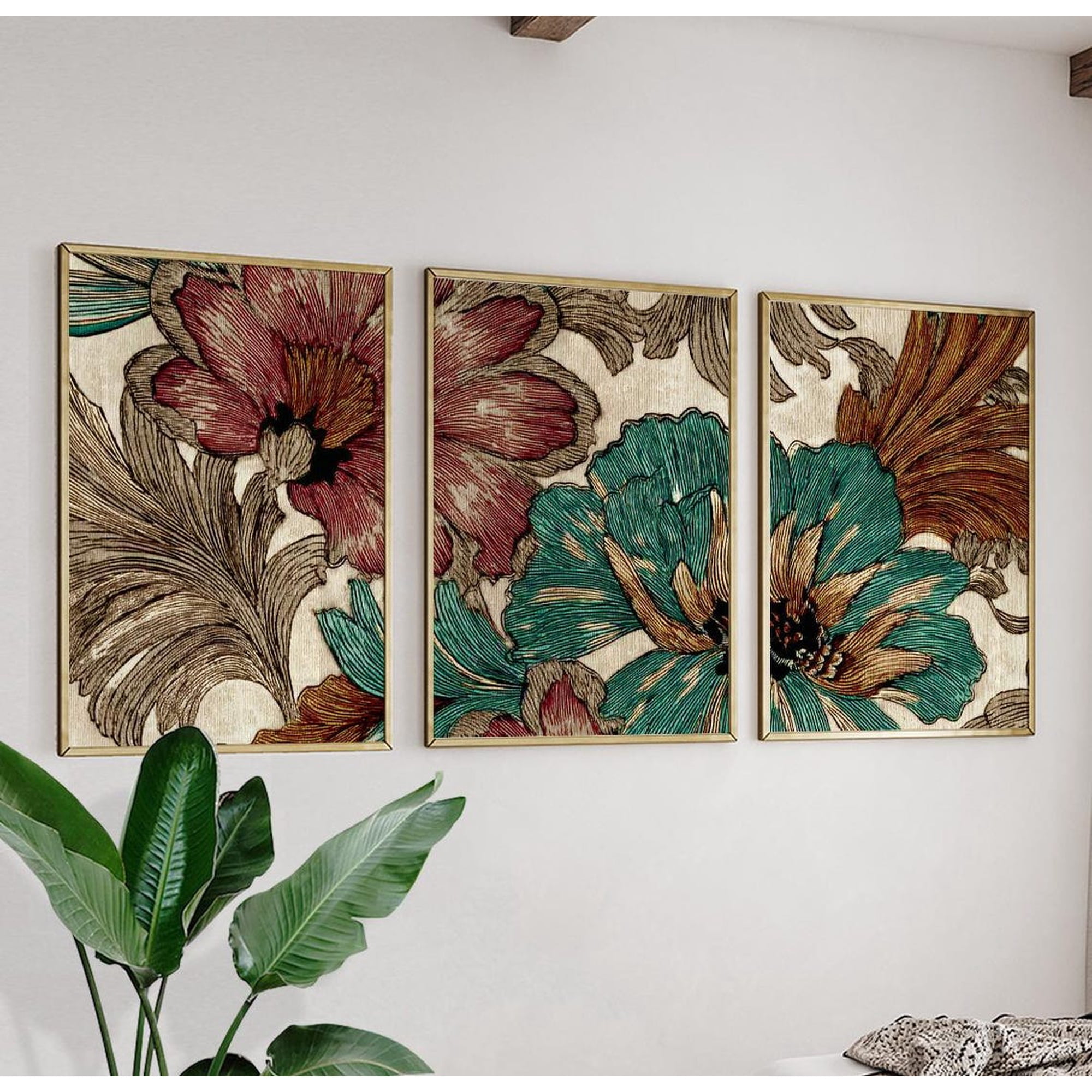 Vintage Floral Teal Burgundy Botanical Wall Art Botanical Bedroom And Living Room Decor