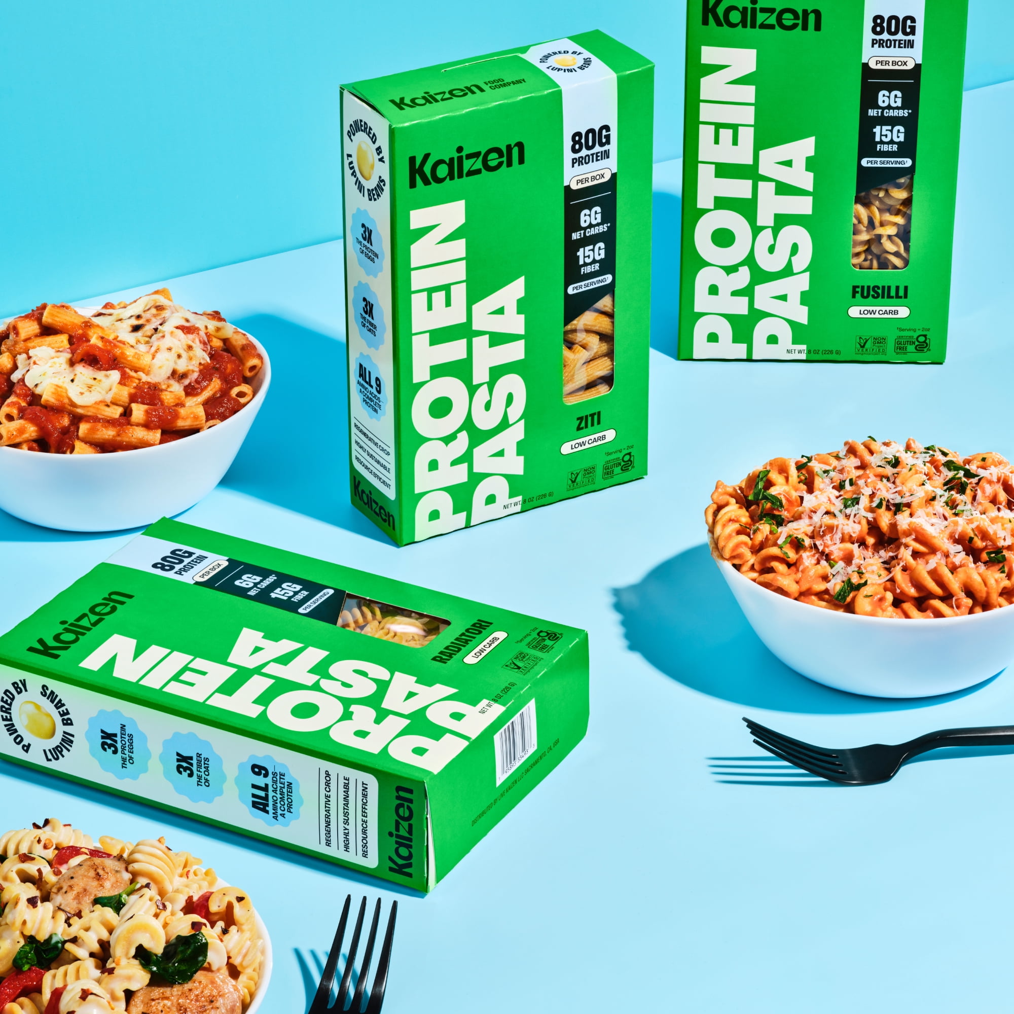Kaizen Low Carb Keto Pasta Radiatori - High Protein (20g), Gluten-Free, Keto-Friendly (6g Net), Plant-Based Lupini Noodles made w/High Fiber Lupin Flour - 8 ounces (Pack of 3)
