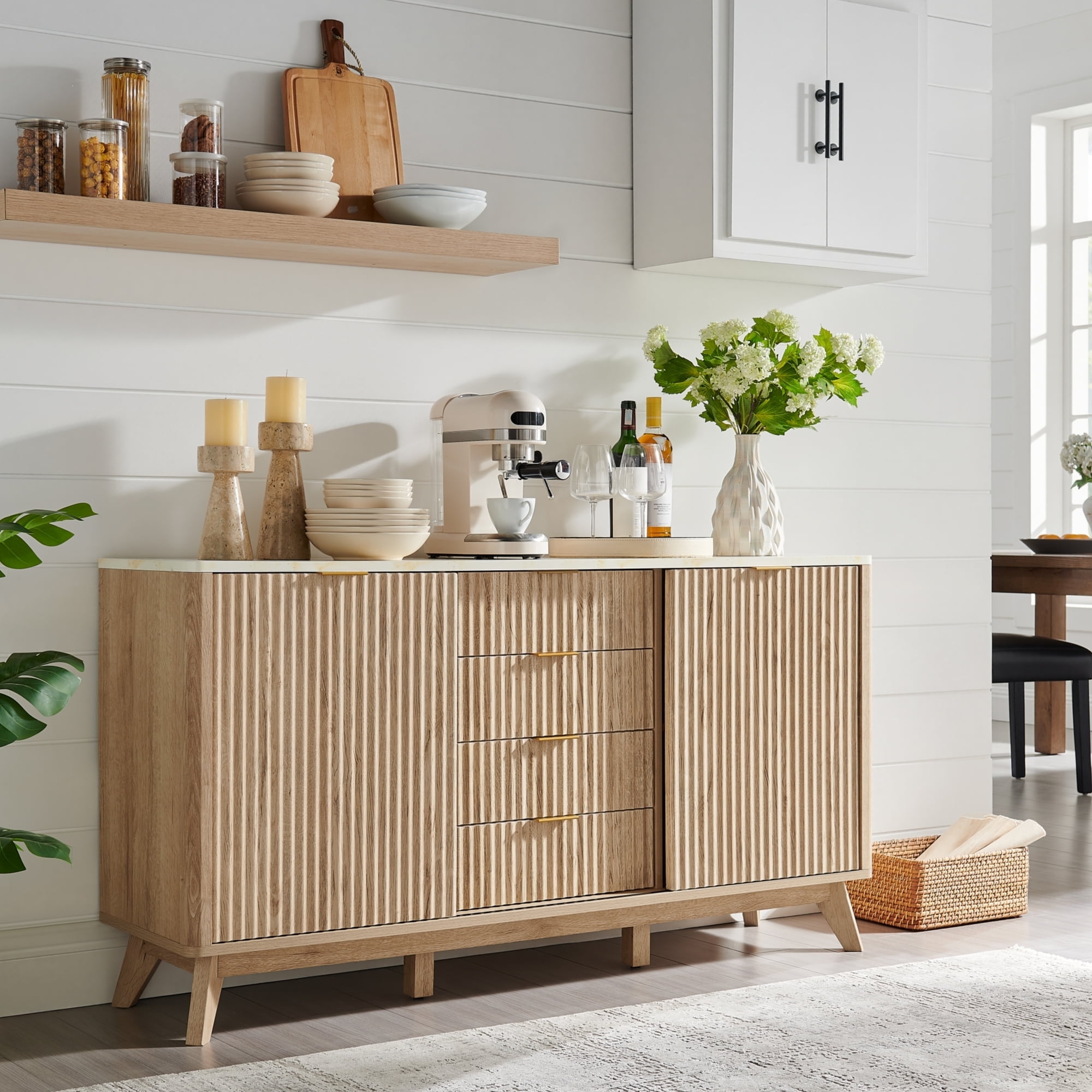 OKD 60" Fluted Wood Dresser with Sliding Doors and 4 Drawers, Modern Chest with Faux Marble Top, Chest of Drawers for Bedroom, Living Room, Natural Oak