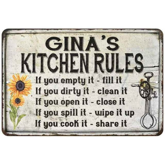Gina's Kitchen Rules Chic Sign Vintage Decor 12 x 18 Matte Finish Metal 112180032216