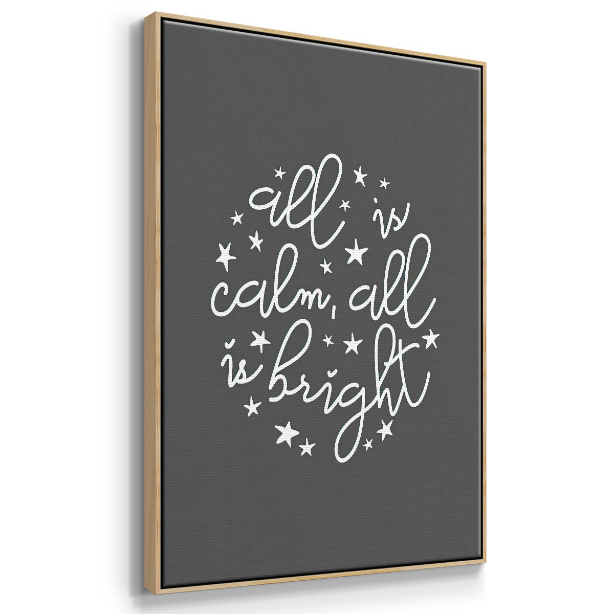 All is Calm, All is Bright - Dark Gray - Framed Gallery Wrapped Holiday Canvas - 27 x 41 - Natural Wood Frame