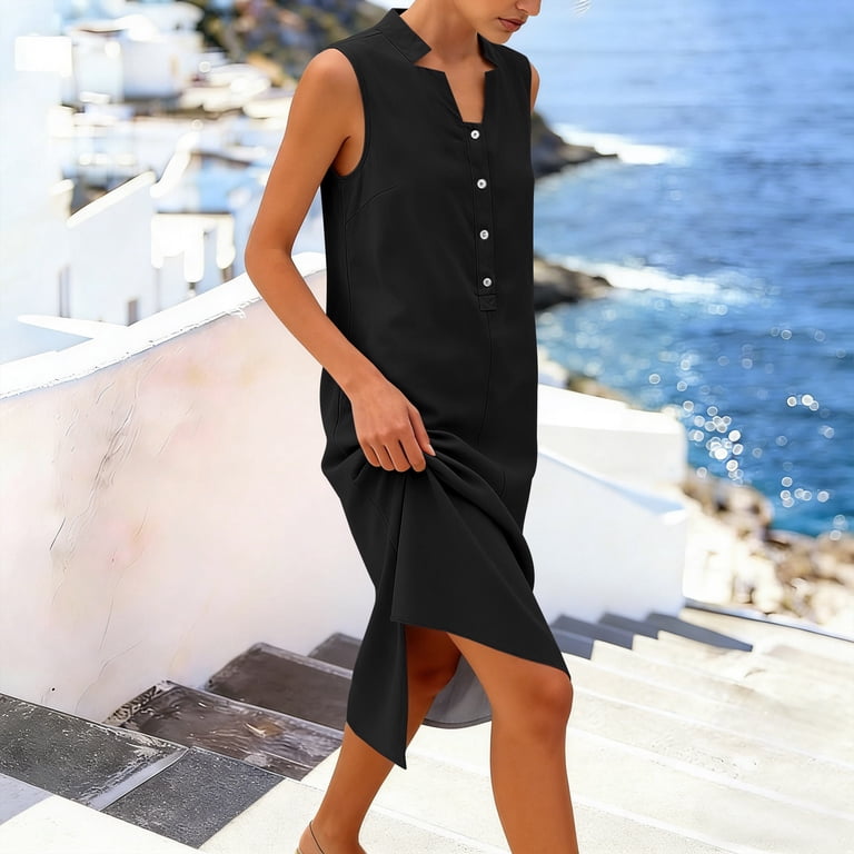 Casual Summer Dresses for Women Sleeveless V Neck Button Front Midi Dress Side Slit Comfy Loose Fit Lightweight Trendy Outfit - Walmart.com Casual Summer Dresses for Women Sleeveless V Neck Button Front Midi Dress Side Slit Comfy Loose Fit Lightweight Trendy Outfit - Walmart.com