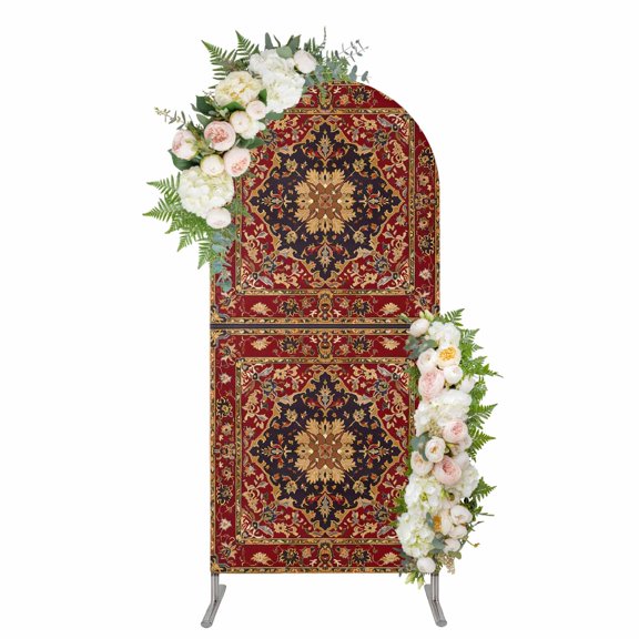 Arch Covers, Red Boho Arch Covers Stretchy Backdrop 6'x2.6', Contemporary Abstract Ethnic Vintage Geometric Spandex Fitted Round Top Chiara Arches Backdrop Cover for Wedding Party Birthday Banquet