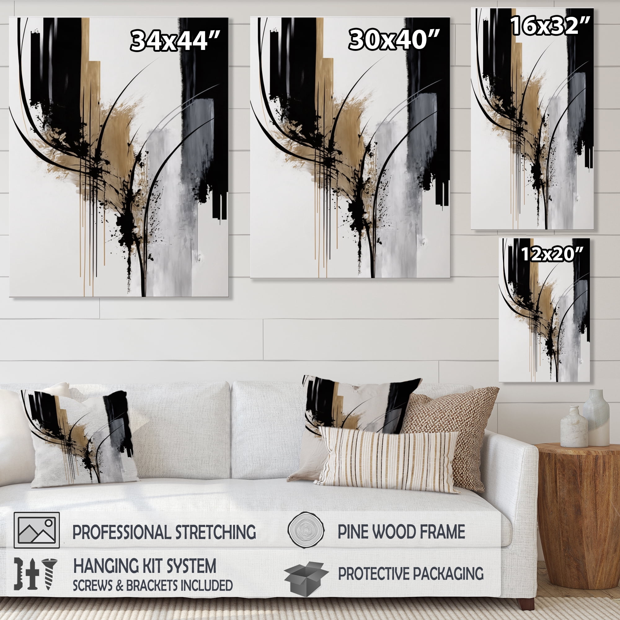 Designart Black, White And Gold Expression II Canvas Wall Art