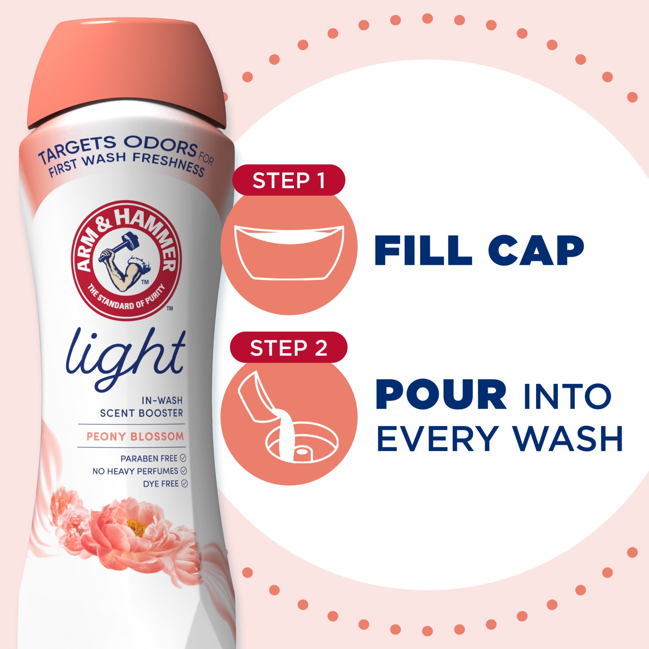(4 pack) ARM & HAMMER Light In-Wash Scent Booster, No Heavy Perfumes, No Dyes, No Parabens, Peony Blossom Scent, 24 Oz