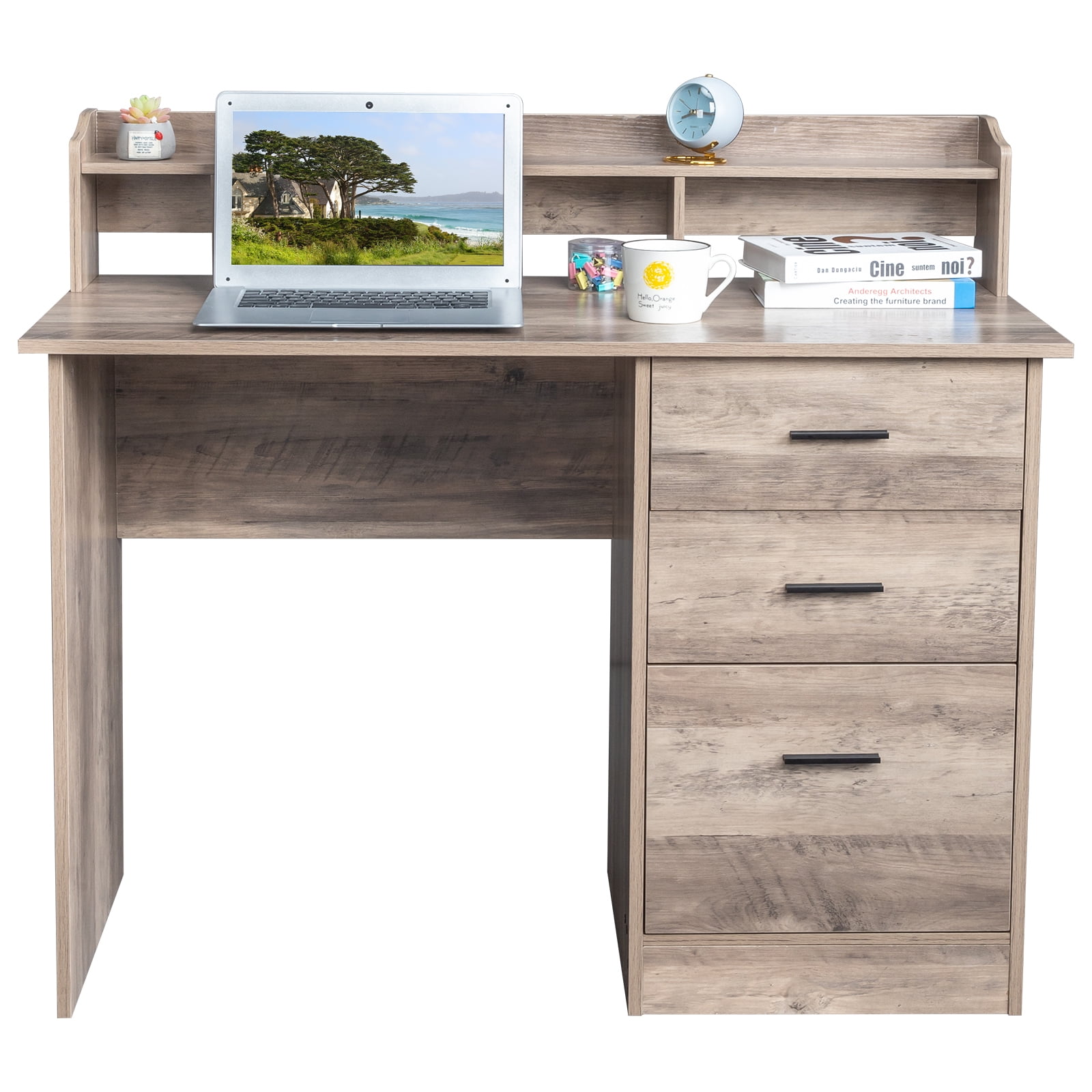 Ktaxon Gaming Desk with 3 Drawers, Computer Desk with Desktop Storage Rack&Anti-slip Separator for Home Office, Oak