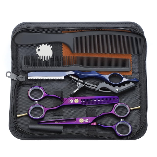 Purple Dragon 5.5 inch Hair Cutting Scissors Set with Razor, Leather Scissors Case, Barber Hair Cutting Shears Hair Thinning/Texturizing She