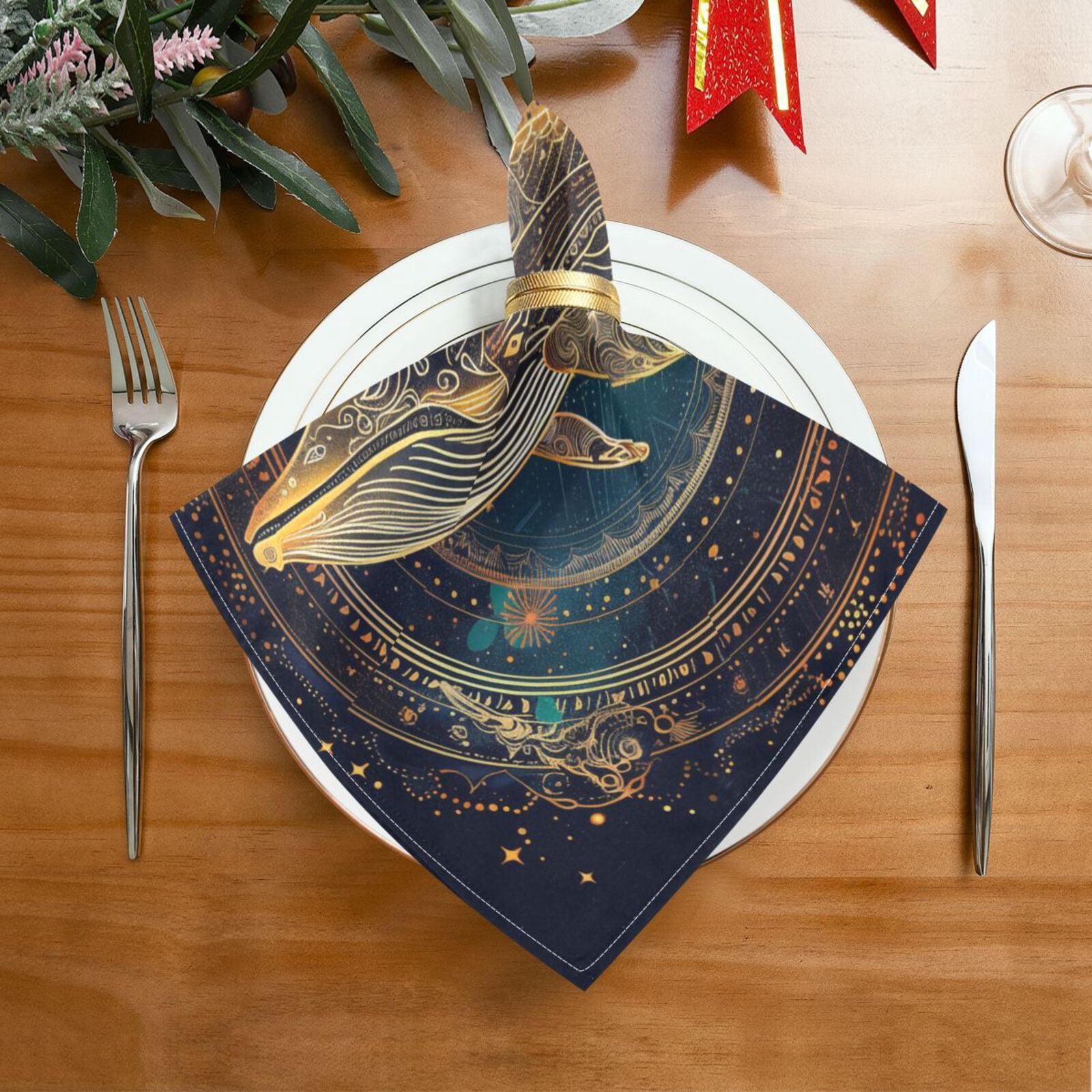 JSTEL Golden Whale Mandala Cloth Napkins Set of 6, 20x20 Inch Washable and Reusable Napkin for Decoupage Dinner Party Everyday Use