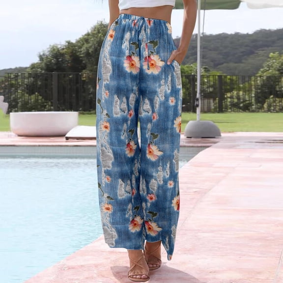 Blue Women's Casual Pants, Womens Daily Elastic Waist Pockets Straight Printed Color Casual Pants Loose Long Trousers,Women's Casual Pants L