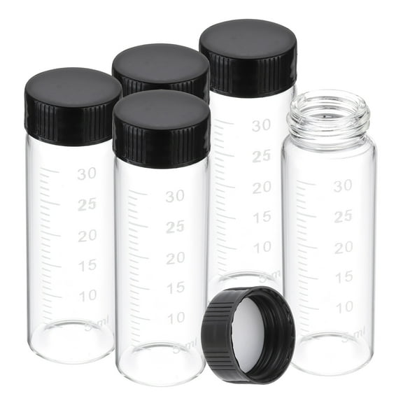 Uxcell Small Glass Sample Bottles with Lids, 5 pcs 30ml Clear Glass Vials with Black Screw Caps Mini Leak Proof Reagent Sealed Bottles with Scale for Solid Liquid Powder Storage