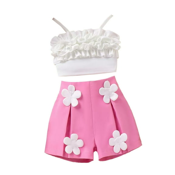 Ruyang Girls Summer Outfits Toddler Kids Camisole Ruffle Crop Tops and Short Pant with Flowers Clothes 2 Piece Clothing Set