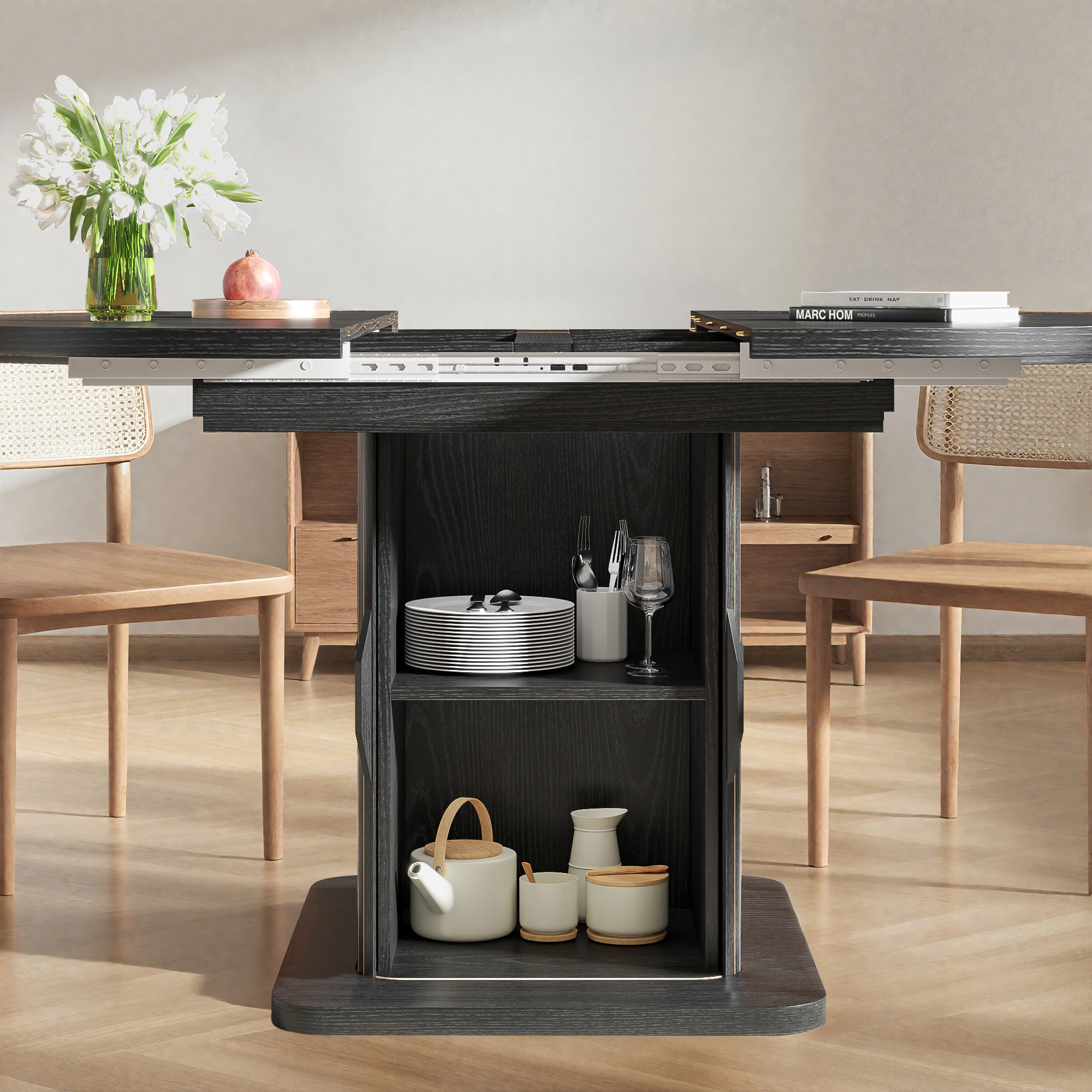 59 Inch Extendable Round Dining Table for 4-6, Kitchen Dining Table with Storage Shelf for Home Living Room, Black