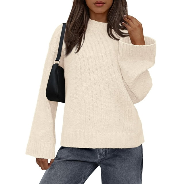 Women'S Long Sleeve Ribbed Knit Loose Pullover Sweater Tops Fuzzy Knit Casual Chunky Fall Outfits Clothes Beige S