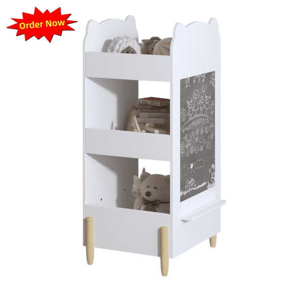 Tcbosik Small Bookshelf with Chalkboard, 3-Tier Bookcase, Storage Organizer for Bedroom, Living Room, Easy Assembly, White