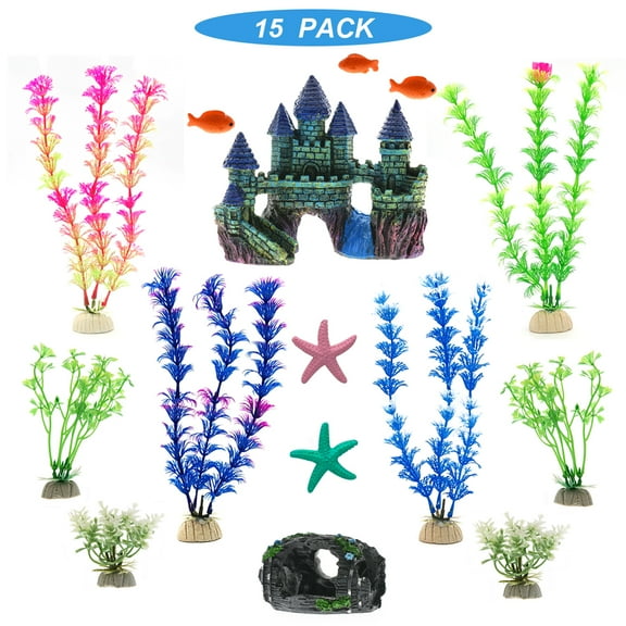 GreenJoy Aquarium Decorations Castle Accessories Plastic Plants - 15 Pack Fish Tank House Hideouts and Cave