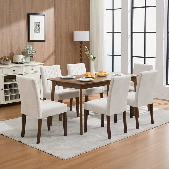 COZONY Upholstered Dining Chairs Set of 6, Parsons Design with Gray Striped Linen Fabric and Wood Legs for Kitchen and Cafe,Beige