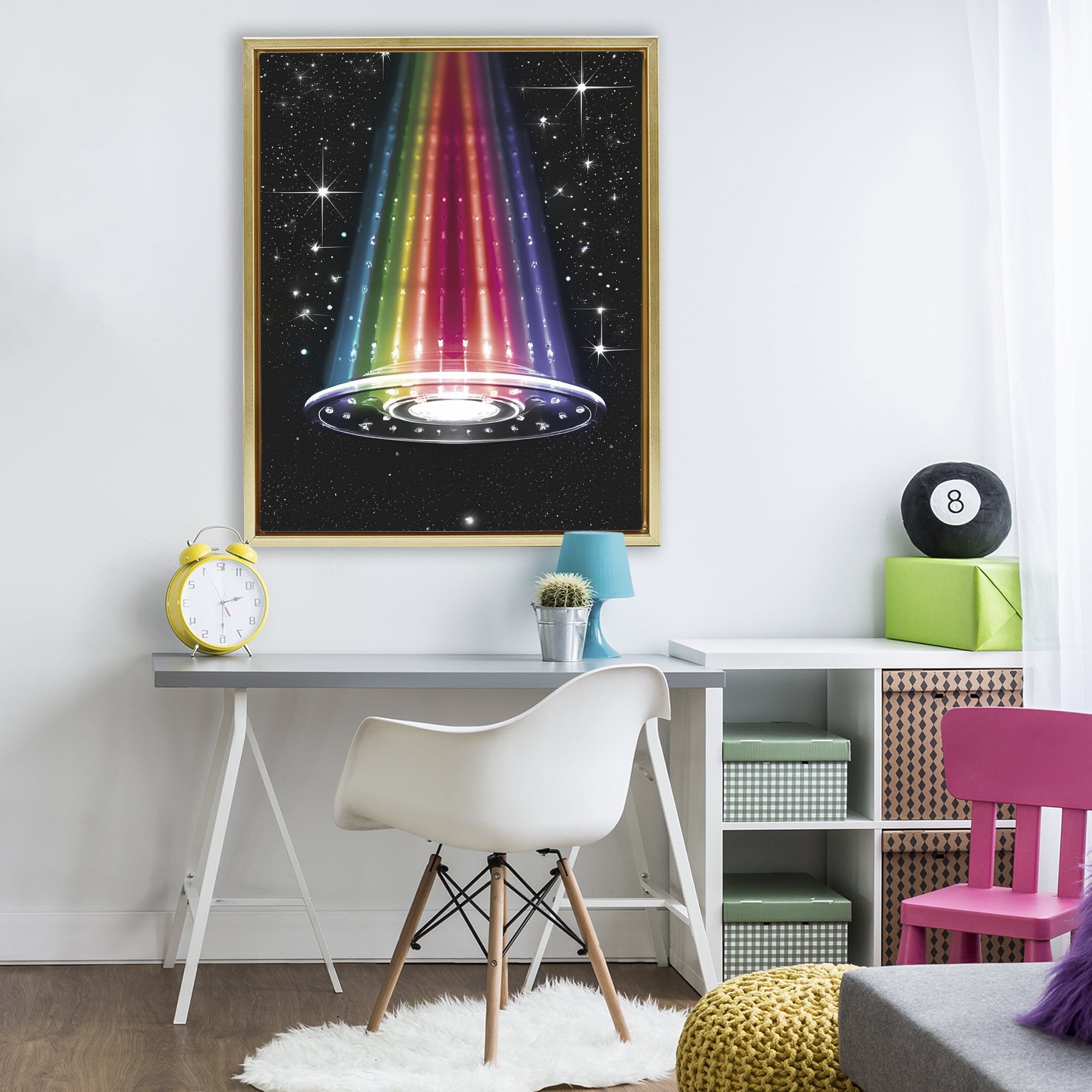 Rainbow Galaxy UFO Gold Framed Floater Canvas Wall Art, design by Sasha