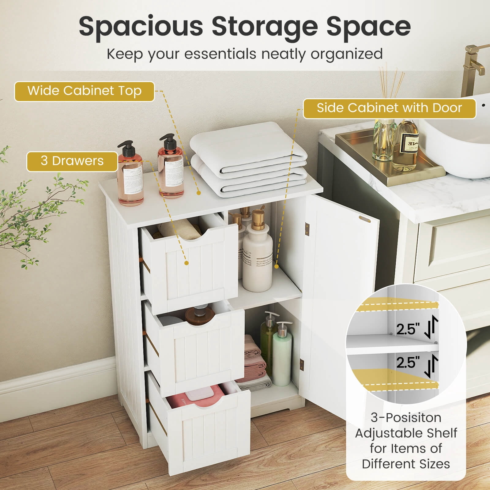 Costway Bathroom Floor Cabinet Side Storage Cabinet with 3 Drawers and 1 Cupboard White