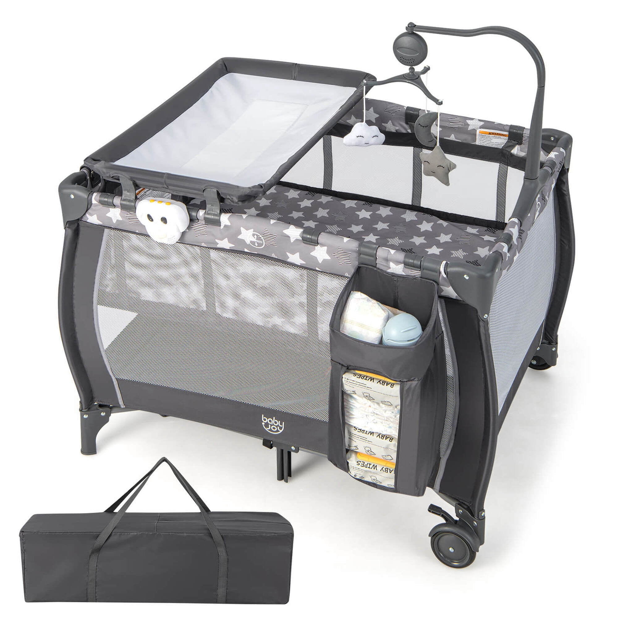 Costway Portable Baby Playard Nursery Center Crib with Hanging Toys & Music Box Gray