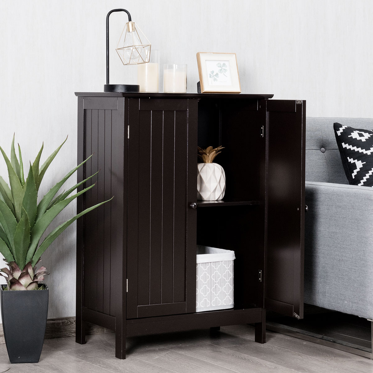 Topbuy Bathroom Storage Cabinet with Double Doors Wooden Cupboard Shoe Cabinet Brown