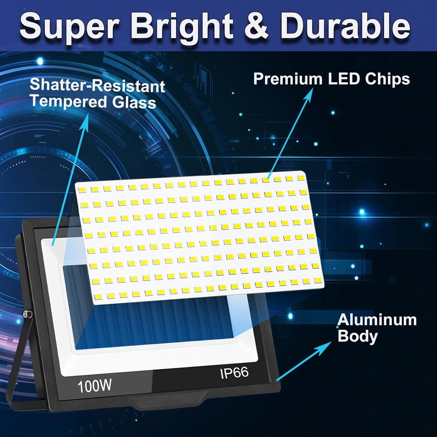 100W LED Flood Light Outdoor, 10000LM LED Work Light with Plug and Switch, IP66 Waterproof Exterior Security Lights, 5000K Daylight White Outdoor Floodlights for Yard, Garden, Playground, Stadium.