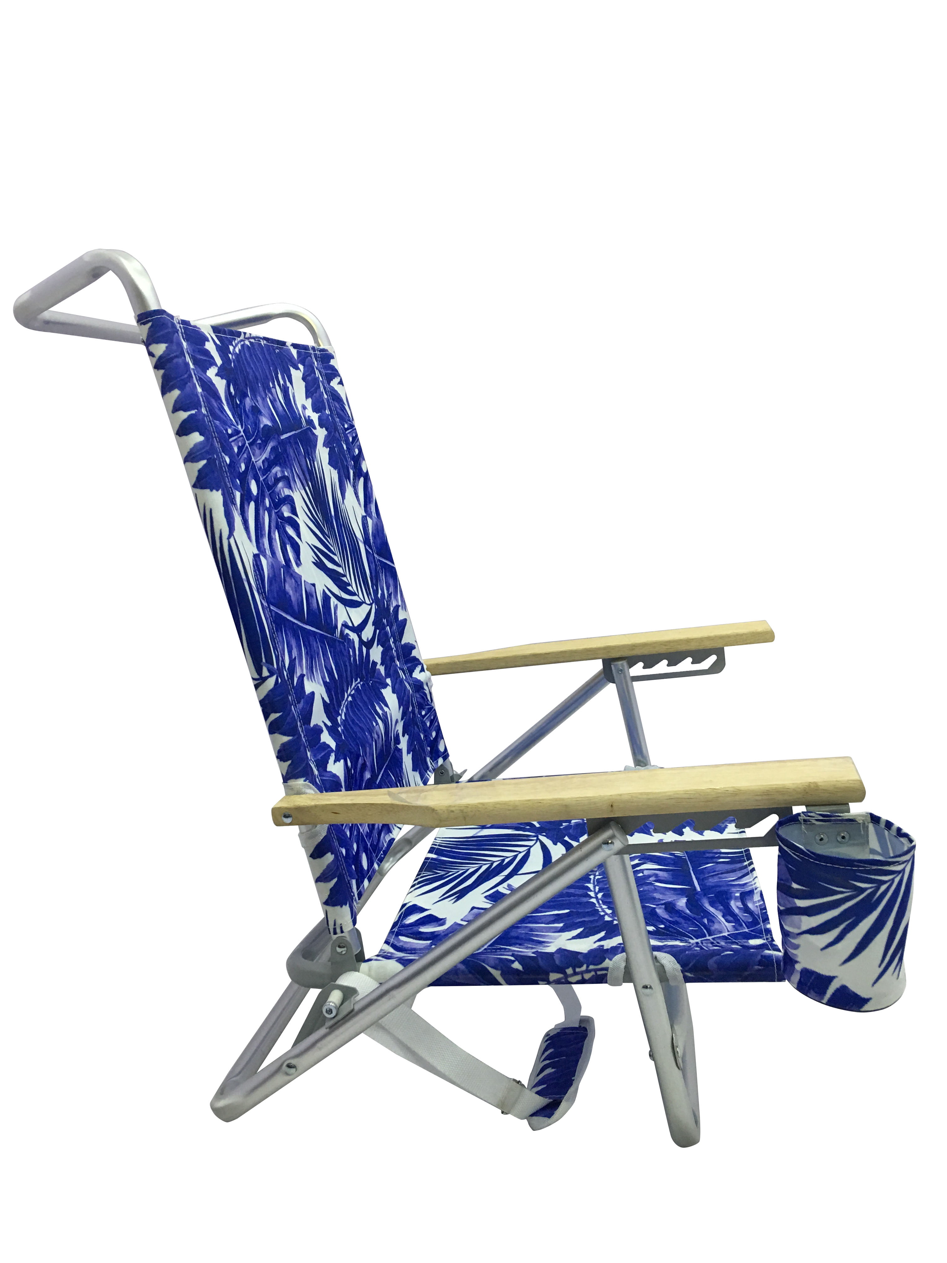 Mainstays Wood Arm Reclining Lay-Flat Beach Chair, Blue Palm