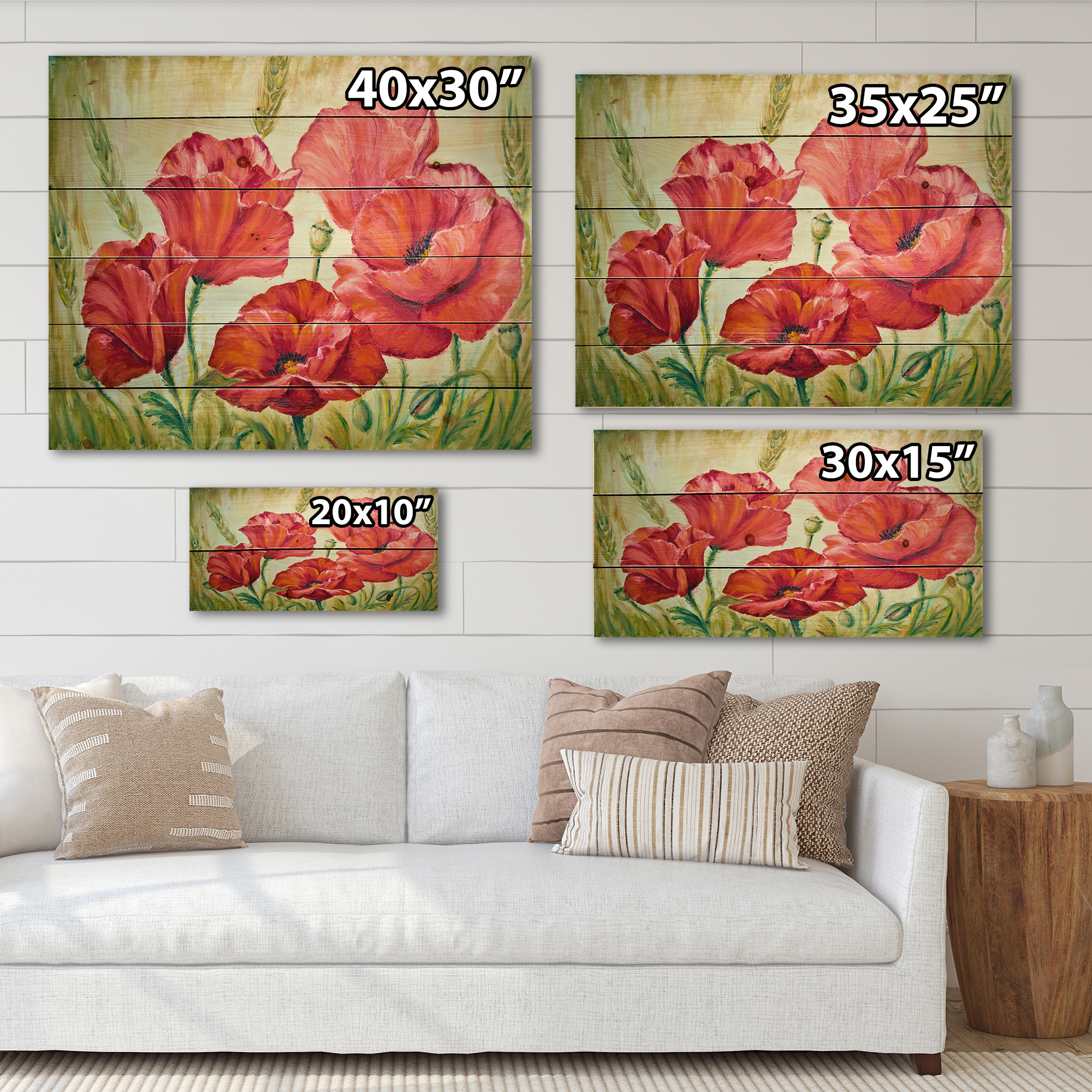 Designart 'Blossoming Red Poppies In The Morning' Traditional Print on Natural Pine Wood
