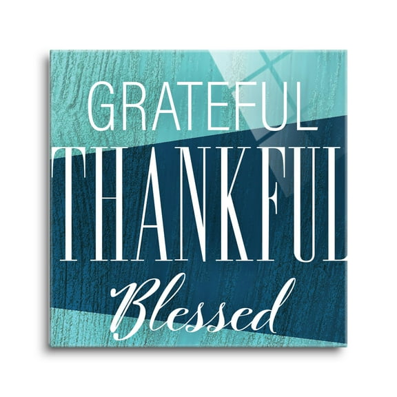 Grateful Thankful Blessed Blue Woodgrain 12 x 12 Glass Wall Hanging Sign