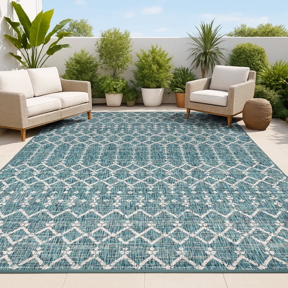 JONATHAN Y SANTA MONICA 8 x 10 Area Rug, Ourika Moroccan Geometric Textured Weave - Teal/Gray, SMB108C-8