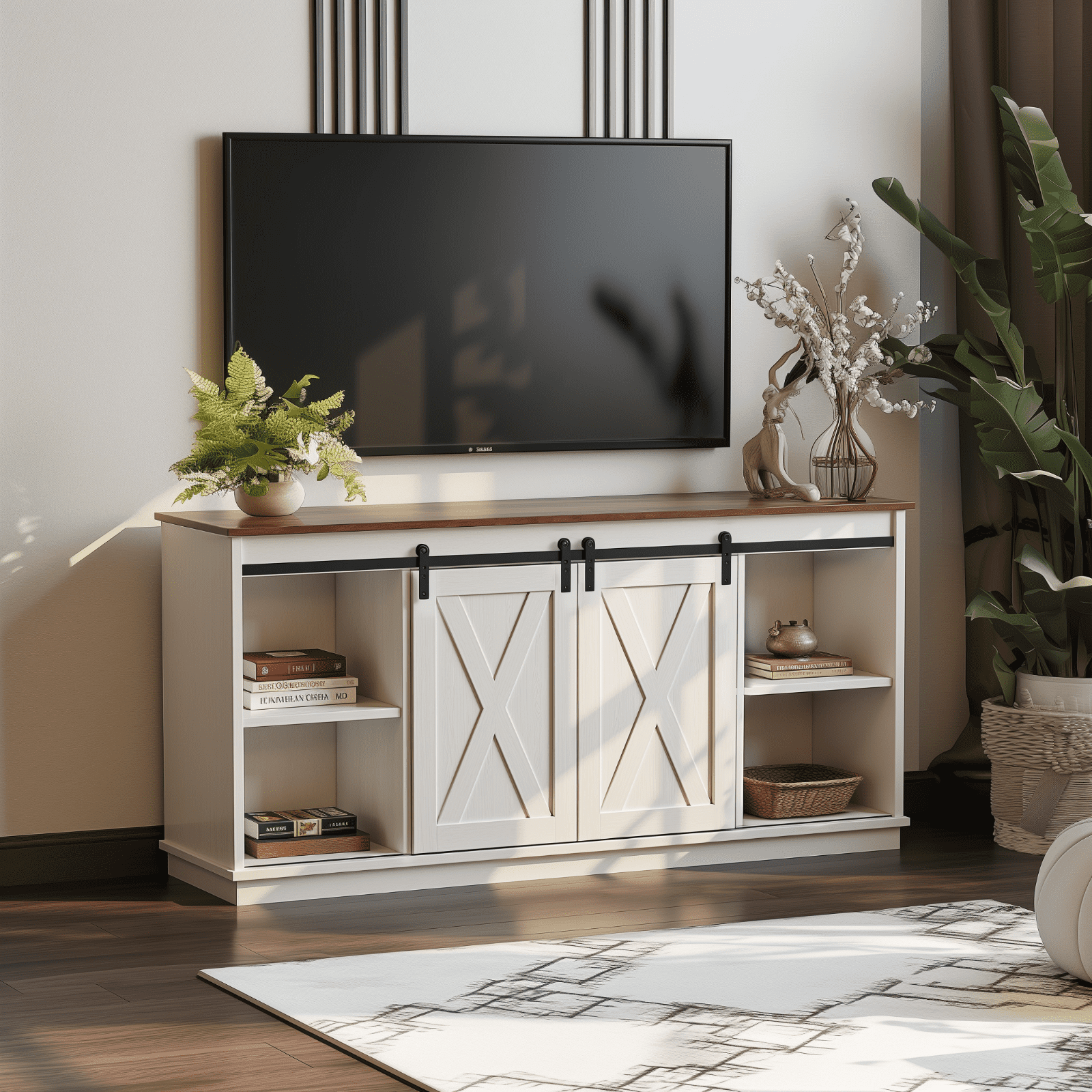 Aukfa TV Stand for TVs up to 65", Entertainment Center with Storage Cabinets and Sliding Barn Doors, for Living Room Bedroom,White